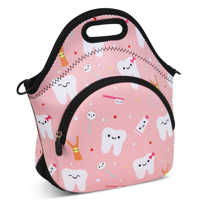 Violet Mist Neoprene Thermal Insulated Lunch Bag Tote for Women, Soft Large with Extra Pocket, Adjustable Shoulder Strap, Pink Teeth - Image 2